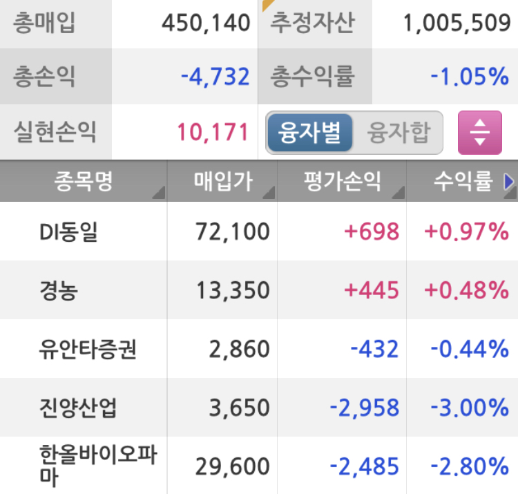 100만원 주식계좌잔고현황