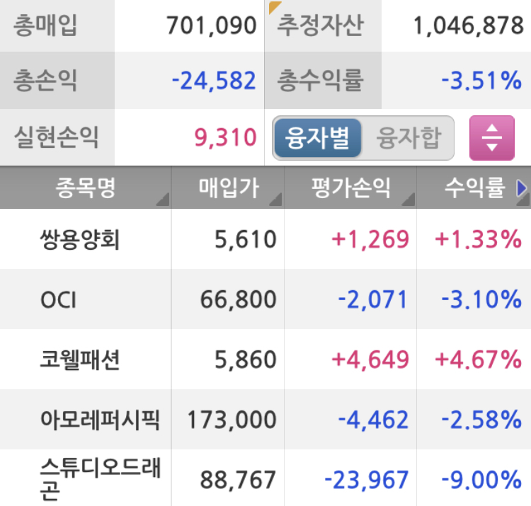 주식계좌 잔고현황. 현재 가지고 있는 종목은